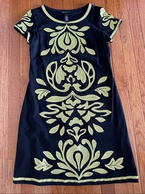 INC International Concepts Black Midi Dress with Lime Green Embroidery